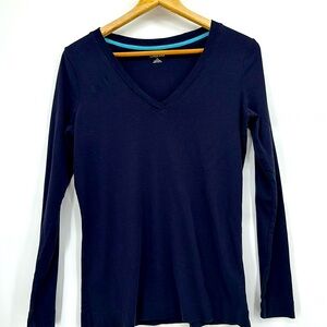 Lands End V Neck Long Sleeve Navy Shirt T top layer wardrobe stable basic